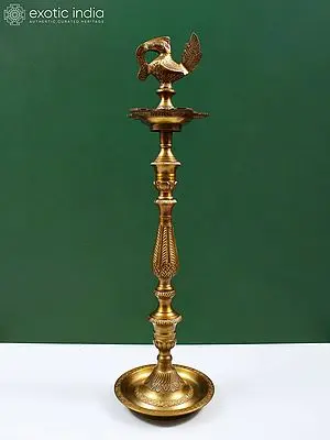 Large Tiered Brass Peacock Oil Lamp
