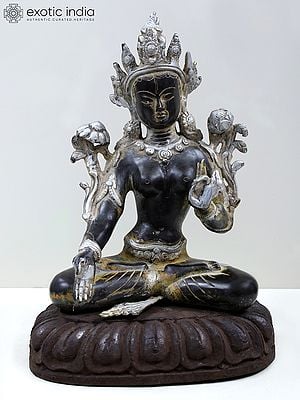 11" Brass Goddess White Tara (Tibetan Buddhist Deity) with Wooden Pedestal