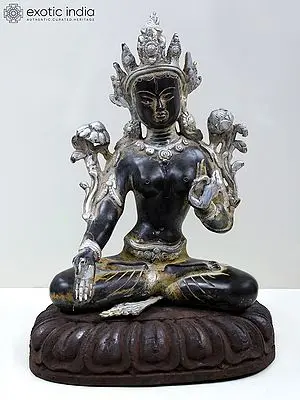 11" Brass White Tara Statue (Tibetan Buddhist Deity) with Wooden Pedestal