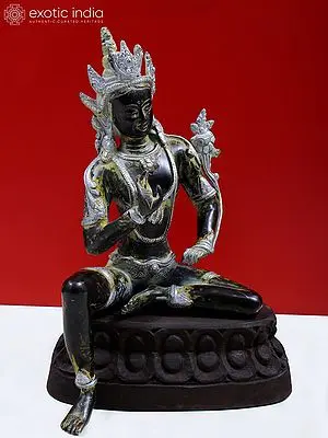 12" Brass Crowned Buddha Statue with Wooden Pedestal