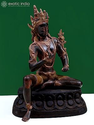 12" Brass Seated Padmapani Avalokiteshvara Idol on a Wooden Pedestal