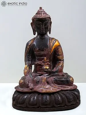 Seated Brass Medicine Buddha Sculpture with Wooden Base