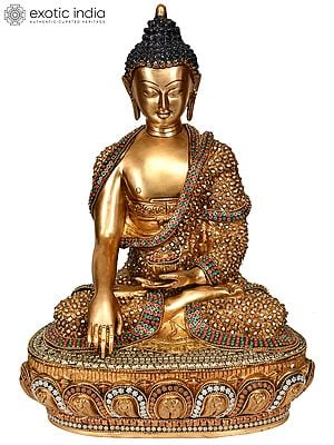 16" Beautifully Ornamented Lord Buddha in Bhumisparsha Mudra (Tibetan Buddhist) In Brass | Handmade | Made In India