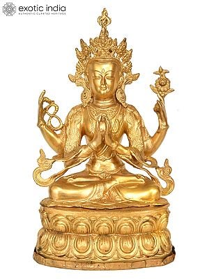 17" Tibetan Buddhist Four Armed Avalokiteshvara In Brass | Handmade | Made In India