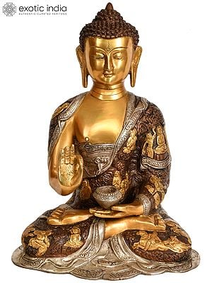 12" Lord Buddha Preaching His Dharma : Robe Carved with Life Scenes (Tibetan Buddhist) In Brass | Handmade | Made In India