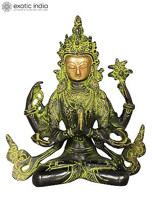 7" Tibetan Buddhist Deity Shadakshari Lokeshvara - Chenrezig In Brass | Handmade | Made In India