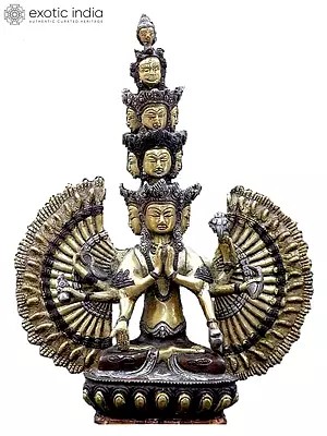 12" Tibetan Buddhist Deity Eleven Headed Avalokiteshvara Brass Statue | Handcrafted Indian Idols