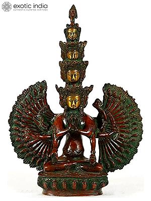 12" Tibetan Buddhist Deity Eleven Headed Avalokiteshvara Brass Statue | Handcrafted Indian Idols