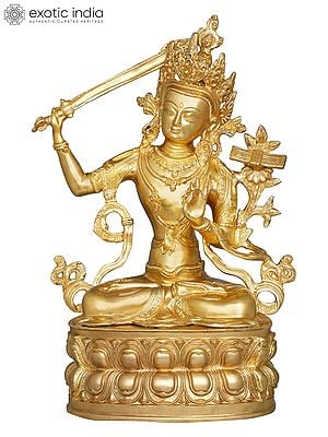 14" Manjushri - Tibetan Buddhist Deity Upholder of the Double-Edged Sword | Handmade Brass Statues