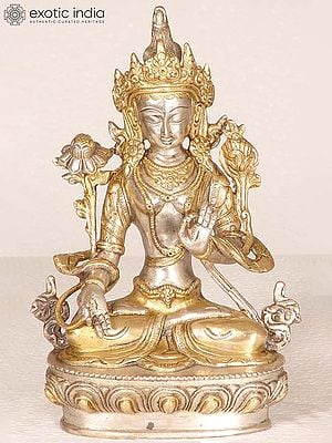 8" Tibetan Buddhist Goddess White Tara Brass Idol in Golden Attire | Handmade