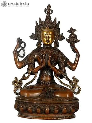 13" Tibetan Buddhist Deity Chenrezig (Four-Armed Avalokiteshvara) In Brass | Handmade | Made In India