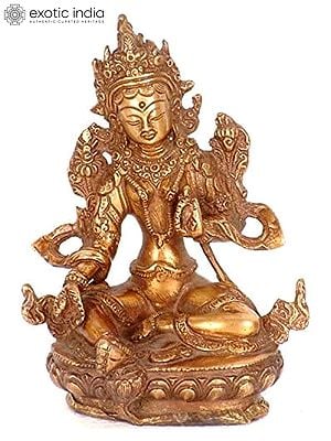 6" Tibetan Buddhist Goddess Green Tara In Brass | Handmade | Made In India