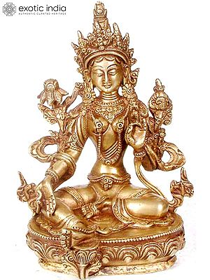 8" Tibetan Buddhist Goddess Green Tara In Brass | Handmade | Made In India