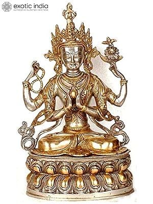 14" Tibetan Buddhist Deity Four Armed Avalokiteshvara (Chenrezig) In Brass | Handmade | Made In India