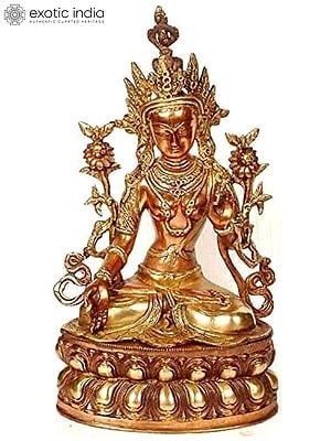 14" Handmade Goddess White Tara Brass Figurine | Tibetan Buddhist Statue