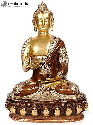 14" Blessing Buddha with Ashtamangala Carved on His Robe In Brass | Handmade | Made In India