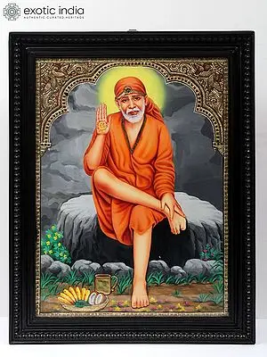 Blessing Sai Baba - Tanjore Painting | Traditional Colors With Gold Work | With Frame