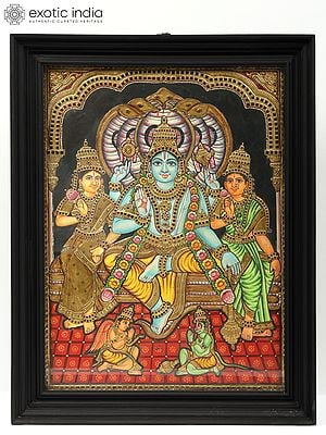 Lord Vishnu with Bhu Devi and Shri Devi - Tanjore Painting with Frame | Traditional Colors with Gold Work