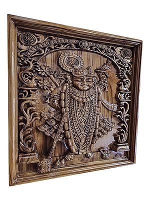 24" Shrinathji Wooden Wall Panel Made of Teak Wood