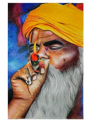 Smoking Sadhu | Pencil Colours On Cartridge Sheet | By Suman Das
