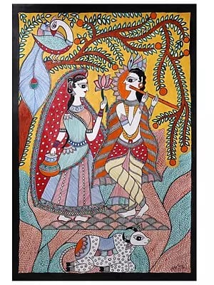 Radha Krishna Spiritual Love With Frame | Acrylic Color On Hand Made Paper | Lalita Ray