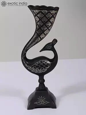 8" Small Attractive Peacock Flower Vase | Bidri Artwork | Gunmetal with Real Silver