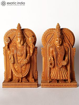 9" Wood Lord Tirupati Balaji And Goddess Padmavati - Set Of 2