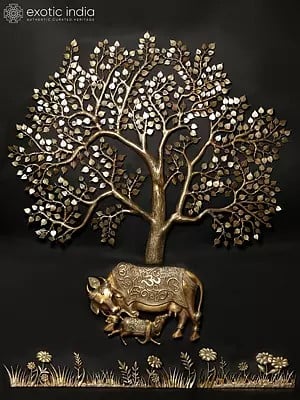 80" Super Large Cow and Calf Under the Kalpavriksha Tree with Flowers and Buds | Set of Four | Wall Decor