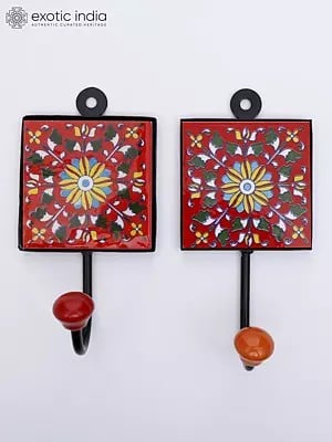 6" Single Floral Design Ceramic Tile Wall Hook (Pair)