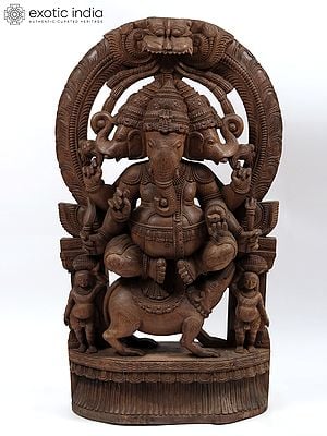 48" Trimukha Ganesha Seated on His Rat with Kirtimukha Arch