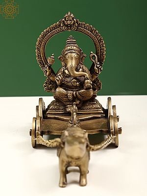 6" Small Ganesha in the Mouse Chariot in Brass