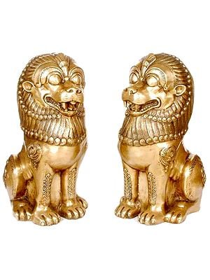 Temple Lions Sculpture in Brass | Animal Figurines for Home Decor