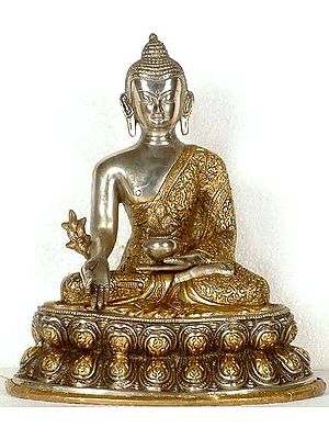 11" Tibetan Buddhist Deity- Medicine Buddha with Wide Lotus Base (Robes Decorated with Scenes from the Life of Buddha) In Brass | Handmade | Made In India