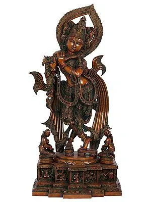 25" Gopis Take Shelter at Krishna's Feet (Pedestal Depicts Bala Lila of Shri Krishna) In Brass | Handmade | Made In India