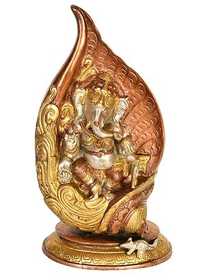 12" Brass Lord Ganesha in The Folds of A Conch | Handmade Home Office Decor