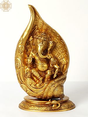12" Brass Lord Ganesha in The Folds of A Conch | Handmade Home Office Decor