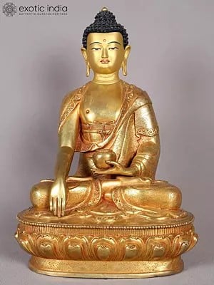 14" Shakyamuni Buddha Idol From Nepal | Copper Statue with Gold Finish