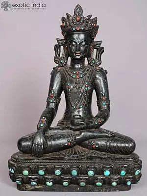 12" Superfine Black Stone Crowned Buddha Idol with Multi Gemstone
