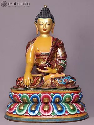 21" Colourful Shakyamuni Buddha Idol in Bhumisparsha Mudra | Nepalese Copper Statue