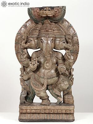 36" Large Dancing Trimukha Lord Ganesha Wooden Statue