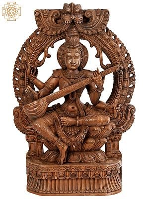 35" Large Wooden Goddess Saraswati Seated on Lotus with Kirtimukha