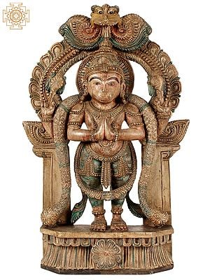 29" Wooden Standing Lord Hanuman with Kirtimukha Throne | Statue Plus Wall Hanging
