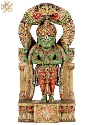 23" Wooden Standing Lord Hanuman in Namaskar Mudra | Statue Plus Wall Hanging