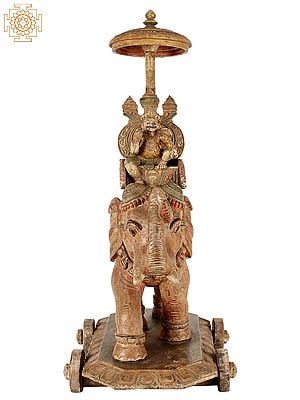 33" Large Wooden King on Elephant with Wheels