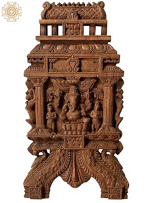 22" Wooden Sitting Chaturbhuja Lord Ganesha | Kavadi Wall Panel