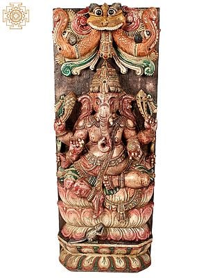 46" Large Wooden Sitting Six Hands Lord Ganesha with Kirtimukha | Wall Panel