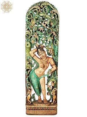 59" Large Wooden Apsara Managing Her Slipping Garment | Wall Panel