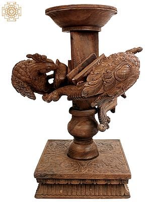 29" Wooden Designer Table Base with Three Peacocks