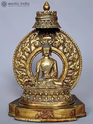 10'' Gautama Buddha Idol Seated on Royal Throne from Nepal | Copper with Gold