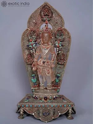 15'' Buddhist Deity Avalokiteśvara With Stone Work From Nepal | On Royal Throne | Crystal With Silver